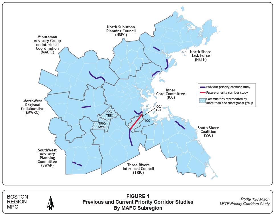 Figure 1. Previous and Current LRTP Priority Corridor Studies by MAPC Subregion
Figure 1 is a computer-drawn map that shows the subregions of the Boston Region Metropolitan Planning Organization area and the locations of previous and current priority corridor studies.